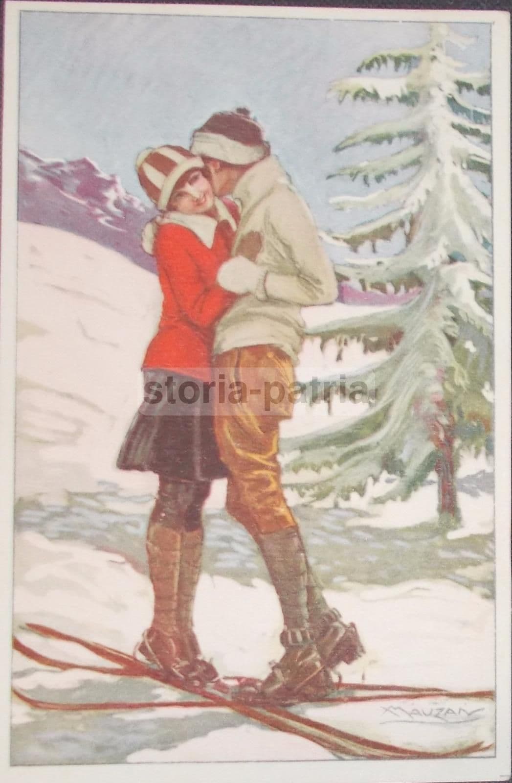 Cartolina Mauzan Liberty Scena Galante Sport Invernale Sciatori