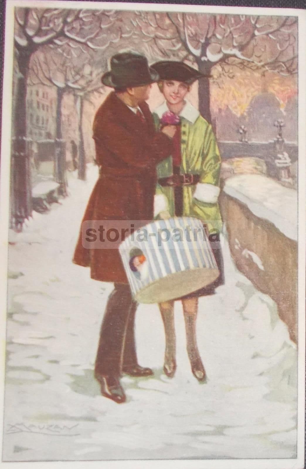 Cartolina Mauzan Liberty Scena Galante Paesaggio Innevato 1900