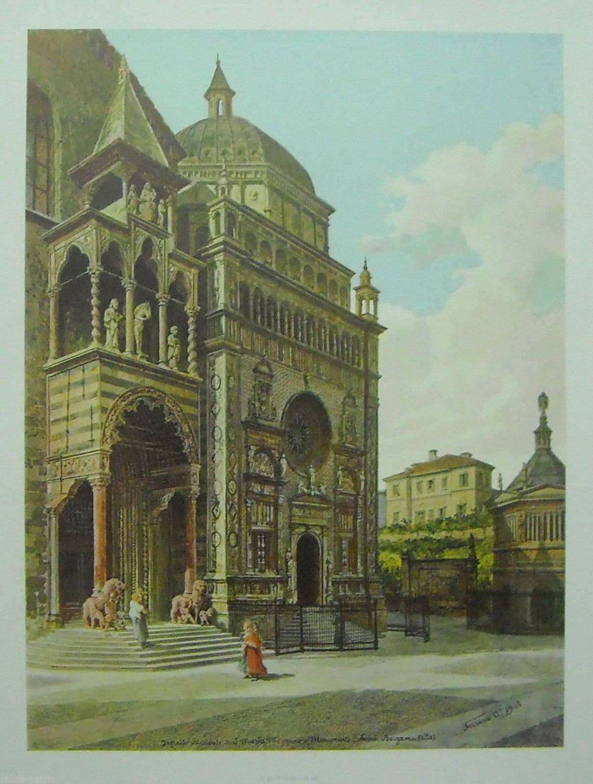 Stampa Antica Bergamo Alta, Santa Maria Maggiore E Monumento Colleoni, 1904