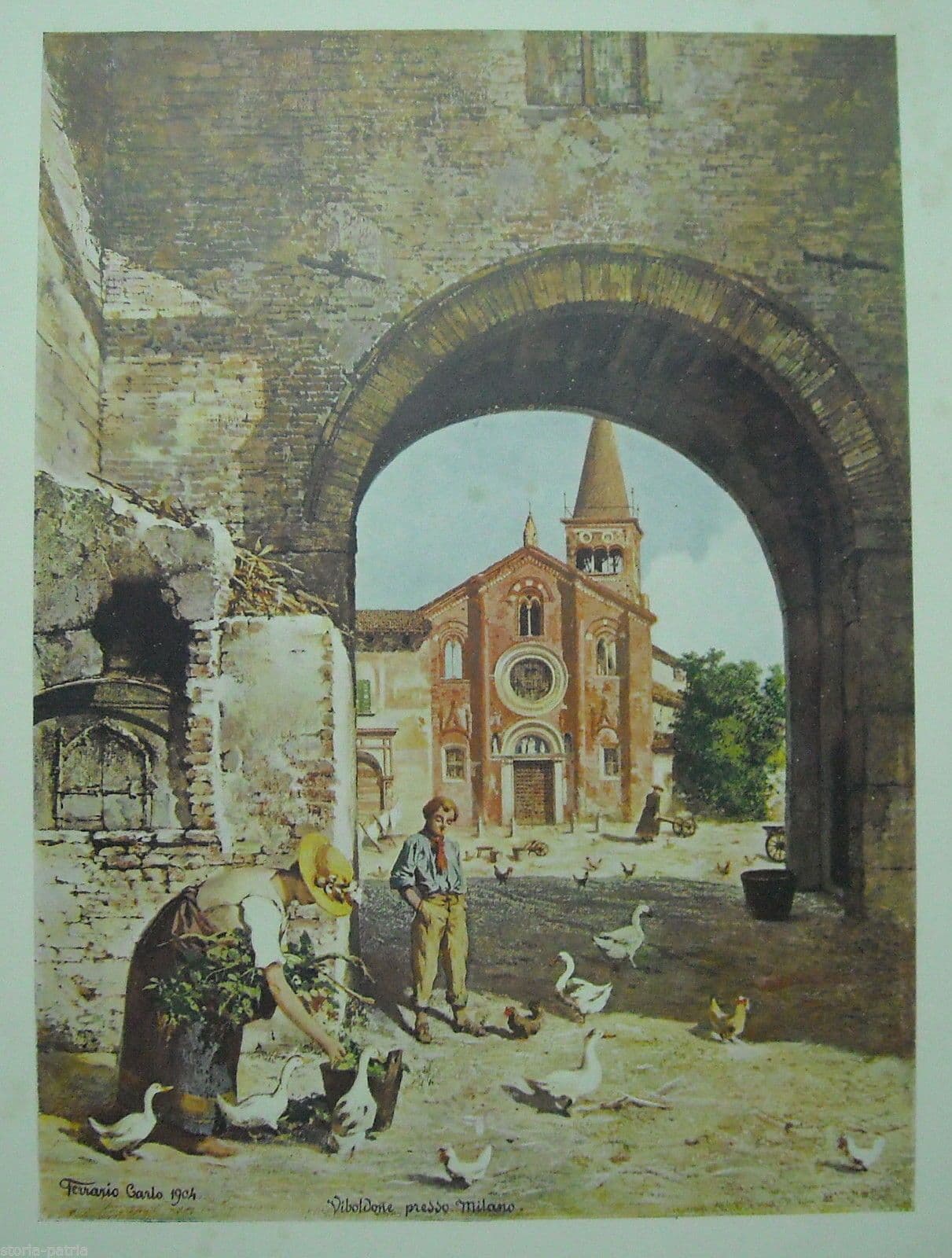 Stampa Antica Di Viboldone, Milano: Veduta Della Chiesa Di Carlo Ferrario, 1904