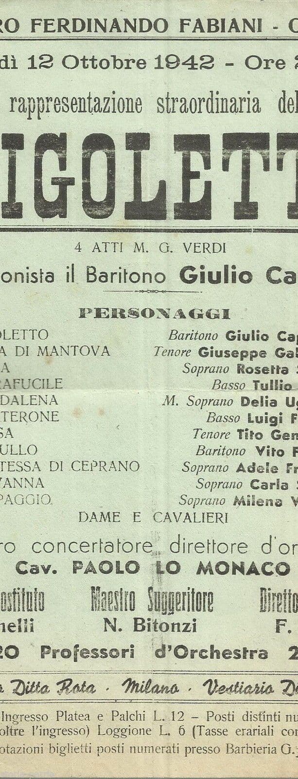 Locandina Rigoletto Teatro Fabiani Offida 1942 Baritono Cappelli