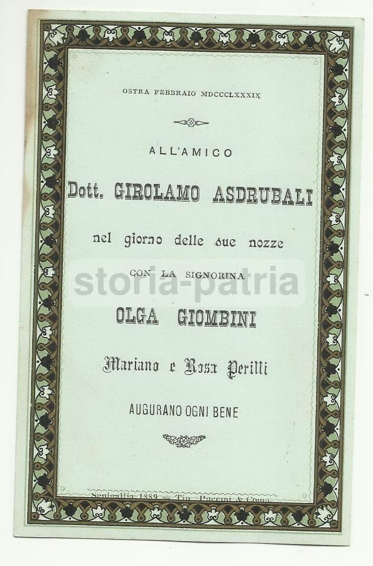 Biglietto Auguri Nozze Asdrubali Giombini, Senigallia 1889