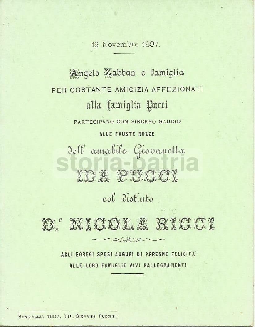 Invito Nozze Ricci Pucci 1887 Senigallia Marche Epoca Originale