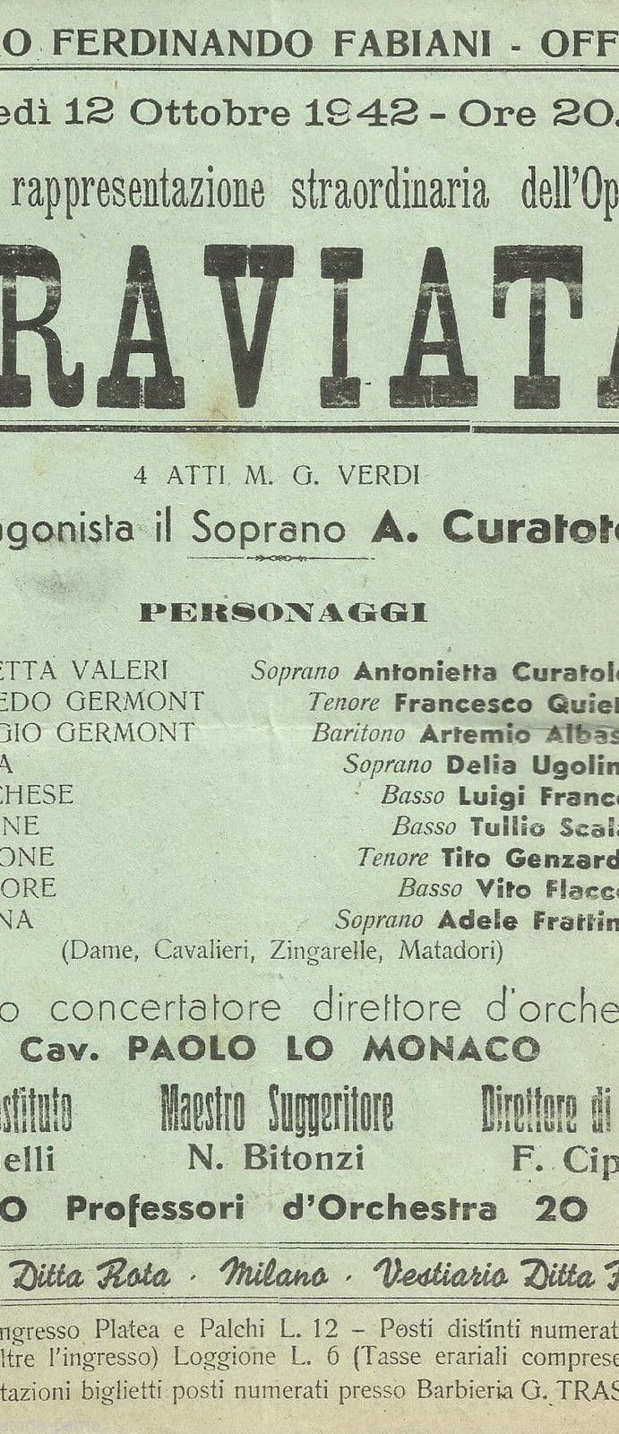 Volantino d'Epoca La Traviata, Teatro Fabiani Di Offida, 1942