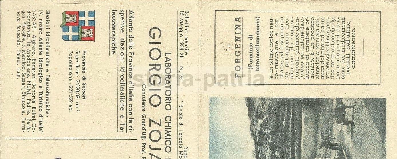 Cartolina Pubblicitaria Farmaceutica Zoja Provincia Sassari 1934