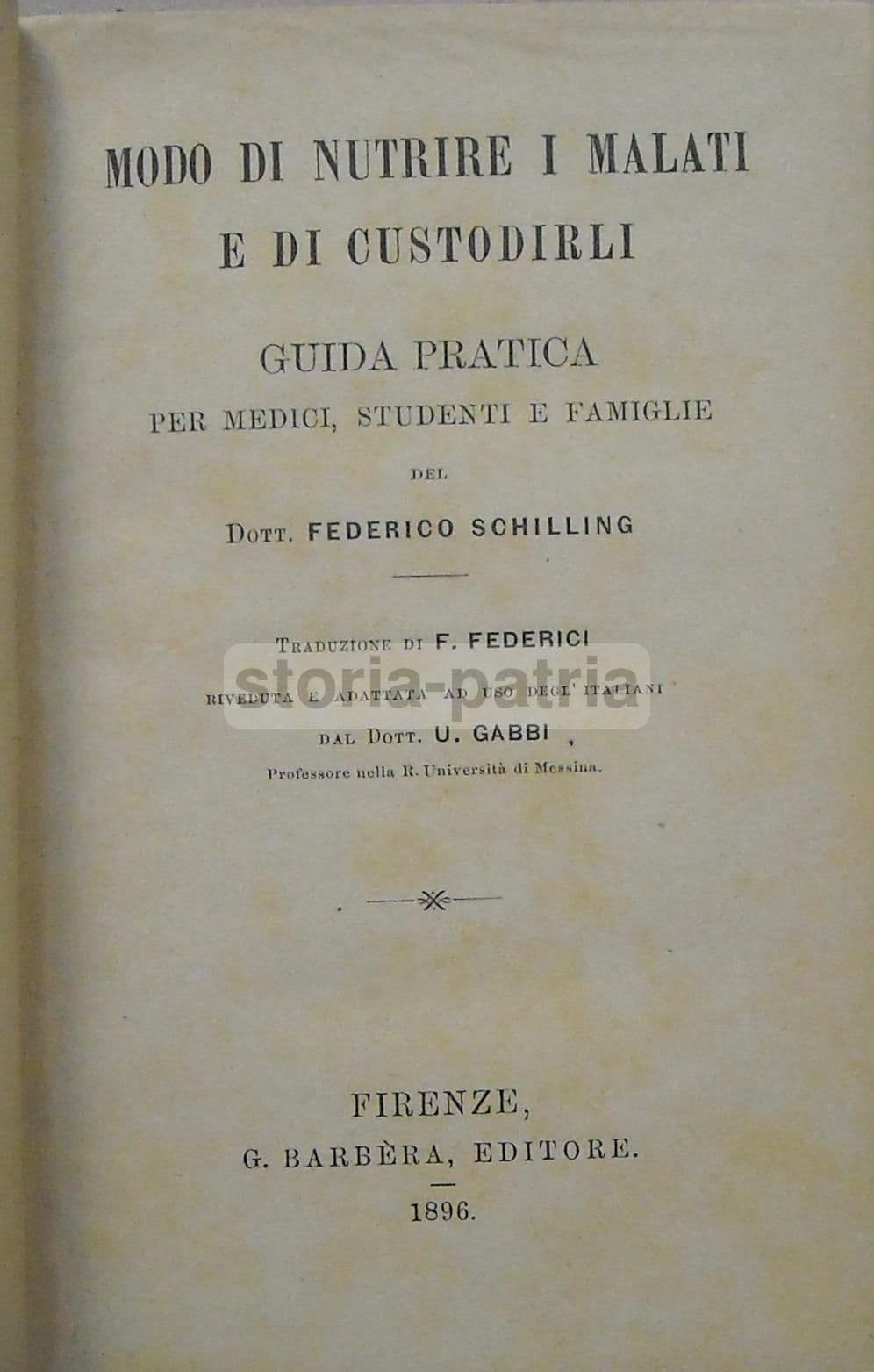 Modo Di Nutrire I Malati E Di Custodirli. Guida Pratica. Federico Schilling, 1896
