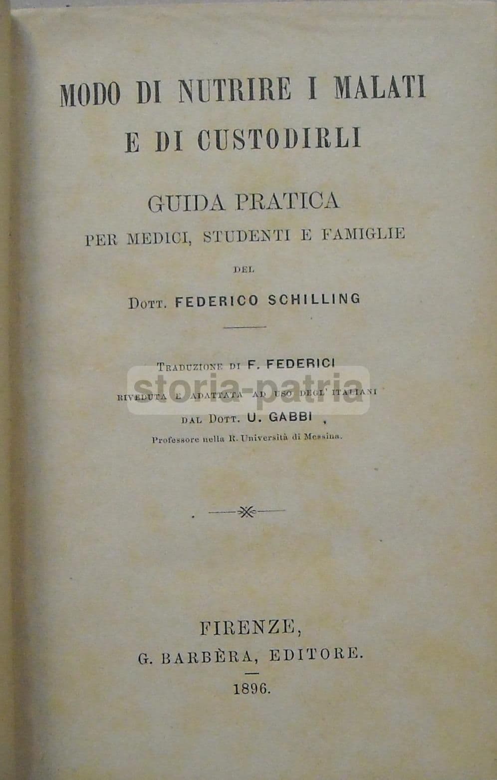 Modo Di Nutrire I Malati E Di Custodirli. Guida Pratica. Federico Schilling, 1896
