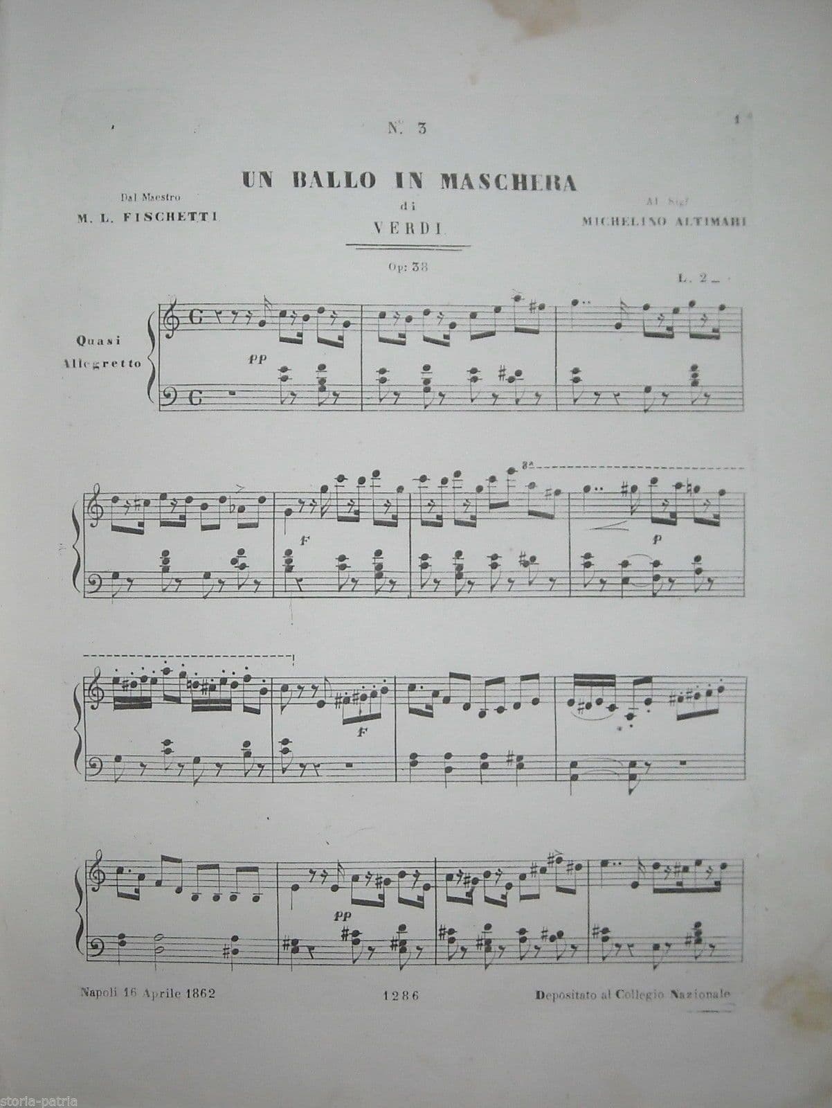 Spartito Un Ballo In Maschera Verdi Fischetti Napoli 1862 Raro