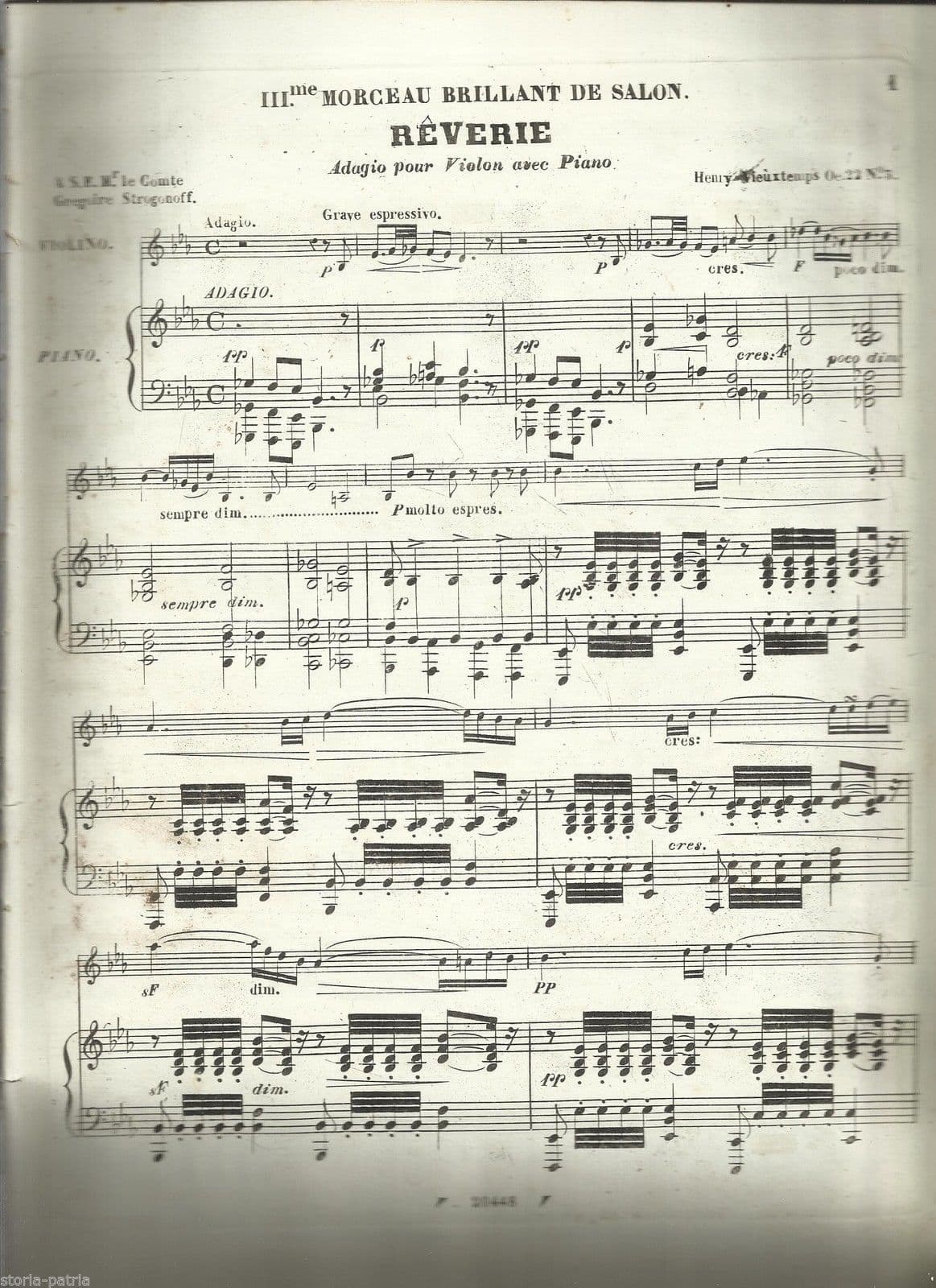 Reverie. Vieuxtemps Op. 22. Spartito Antico Violino E Piano. 1800