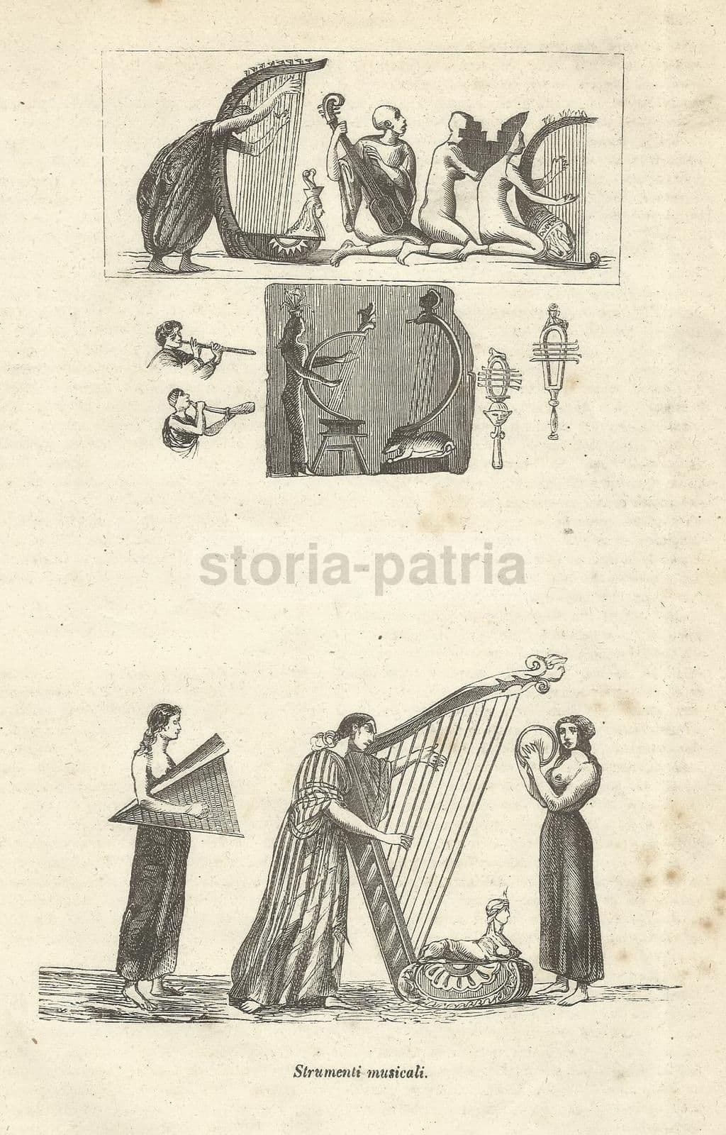 Stampa Litografica Strumenti Musicali Egizi Antichi, 1860 Circa