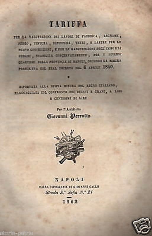 Tariffa Lavori Edili Napoli 1862 Giovanni Perrotta Prezziario Raro