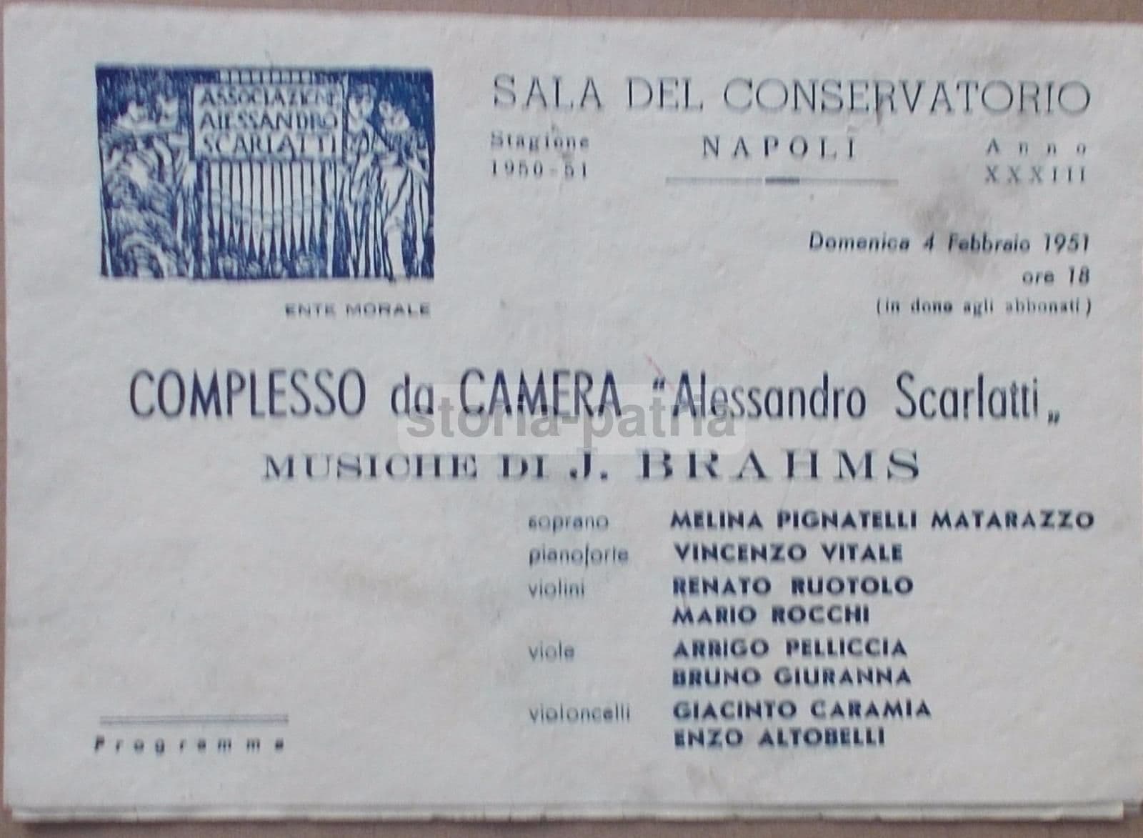Programma Concerto Brahms Napoli 1951 Associazione Scarlatti