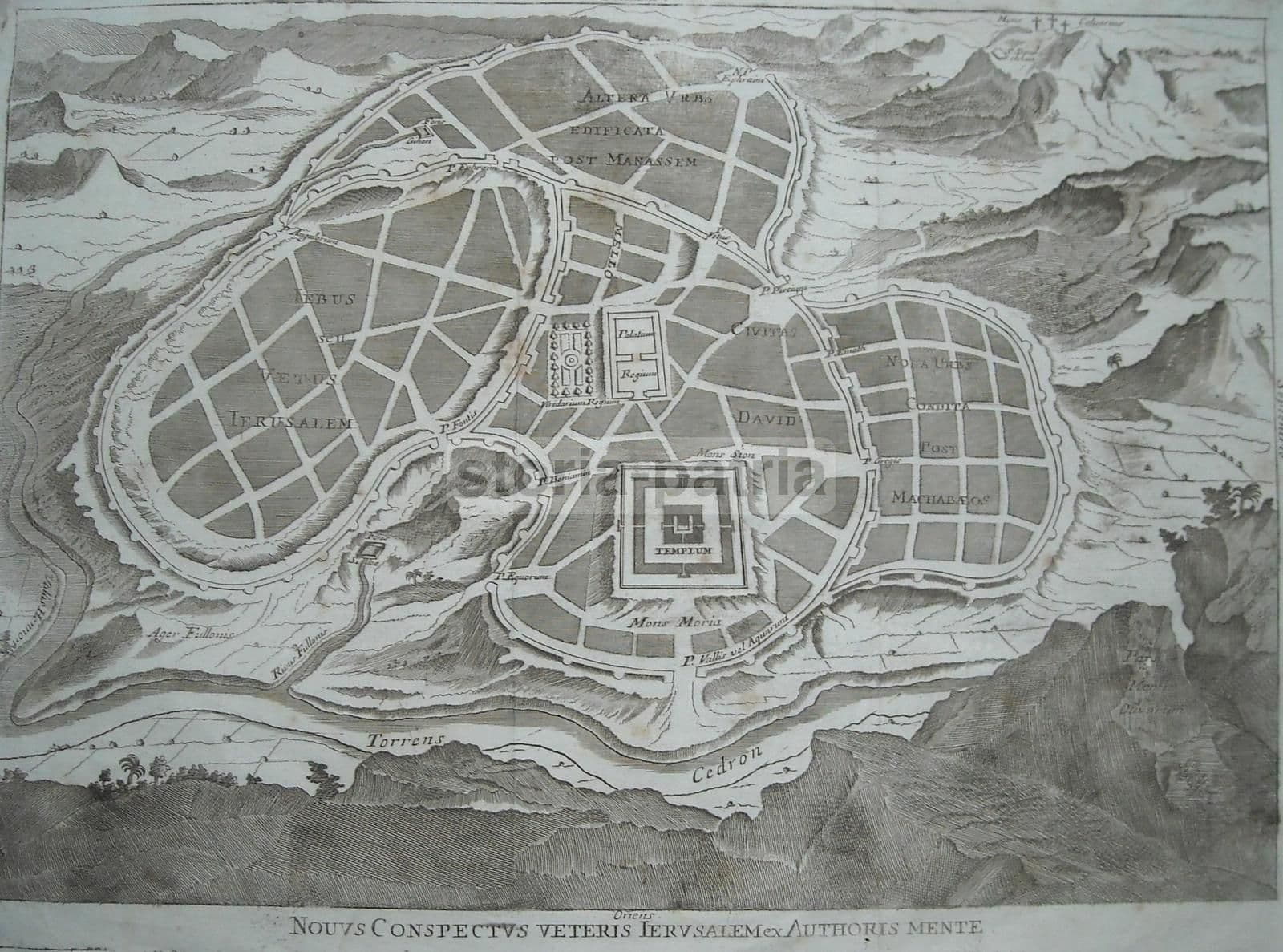 Mappa Topografica Antica Di Gerusalemme, Tempio, Cedron E Calvario, XVIII Secolo