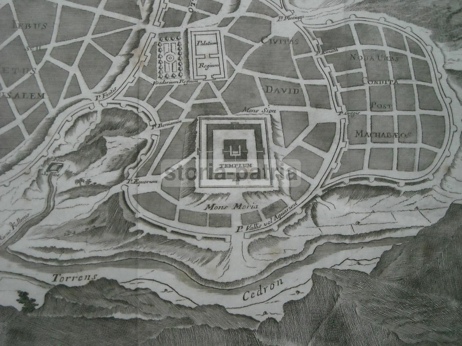 Mappa Topografica Antica Di Gerusalemme, Tempio, Cedron E Calvario, XVIII Secolo