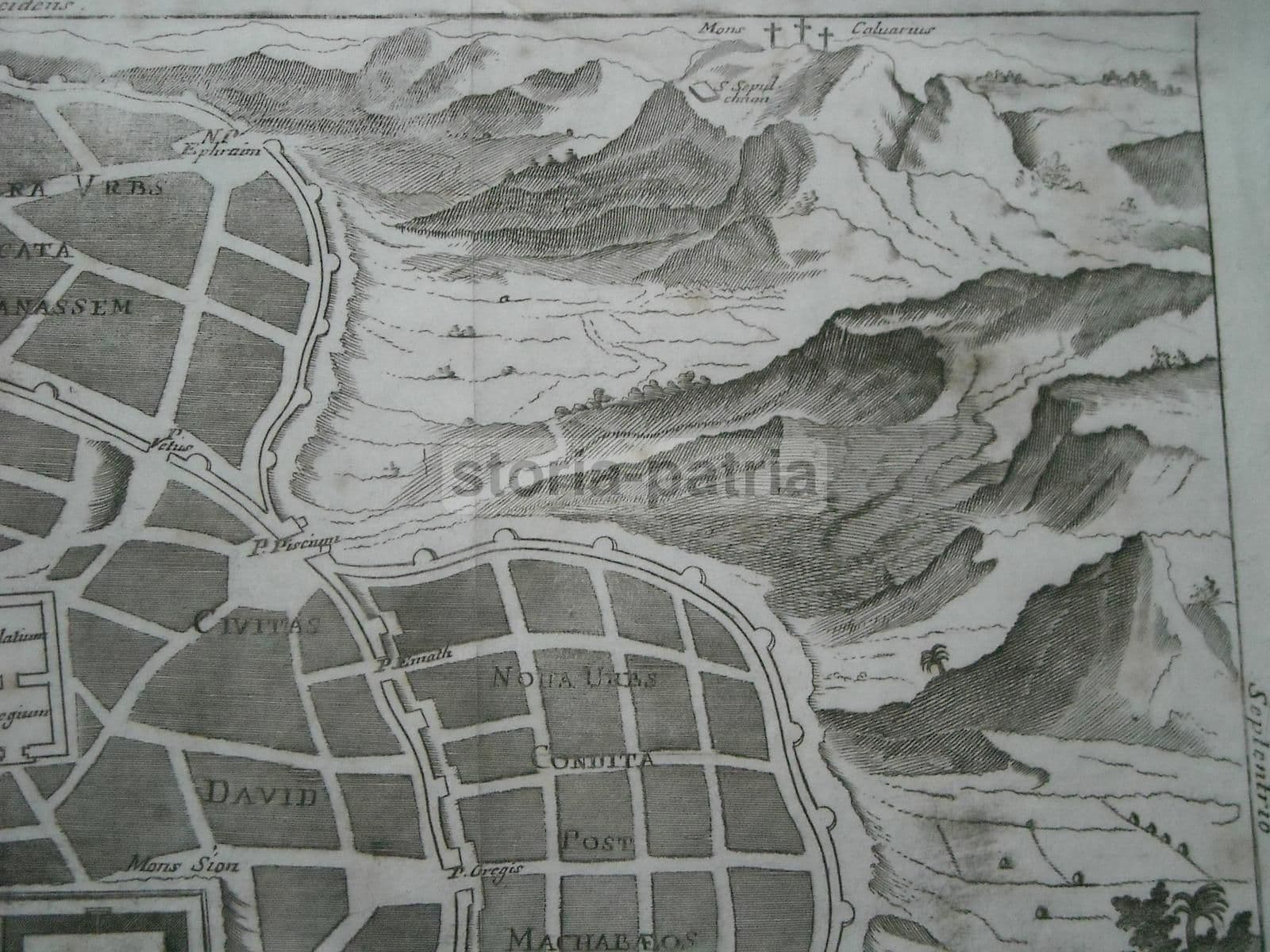 Mappa Topografica Antica Di Gerusalemme, Tempio, Cedron E Calvario, XVIII Secolo
