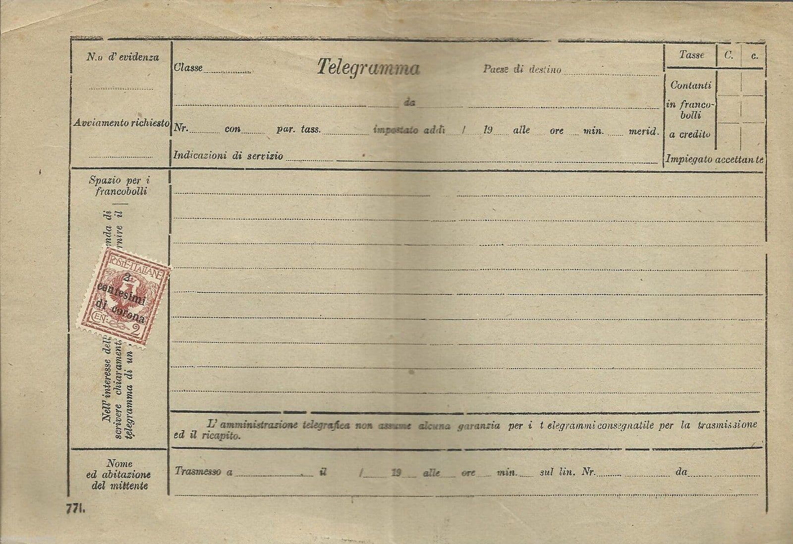 Antico Telegramma Con Francobollo Da 2 Centesimi Di Corona, Epoca 1900