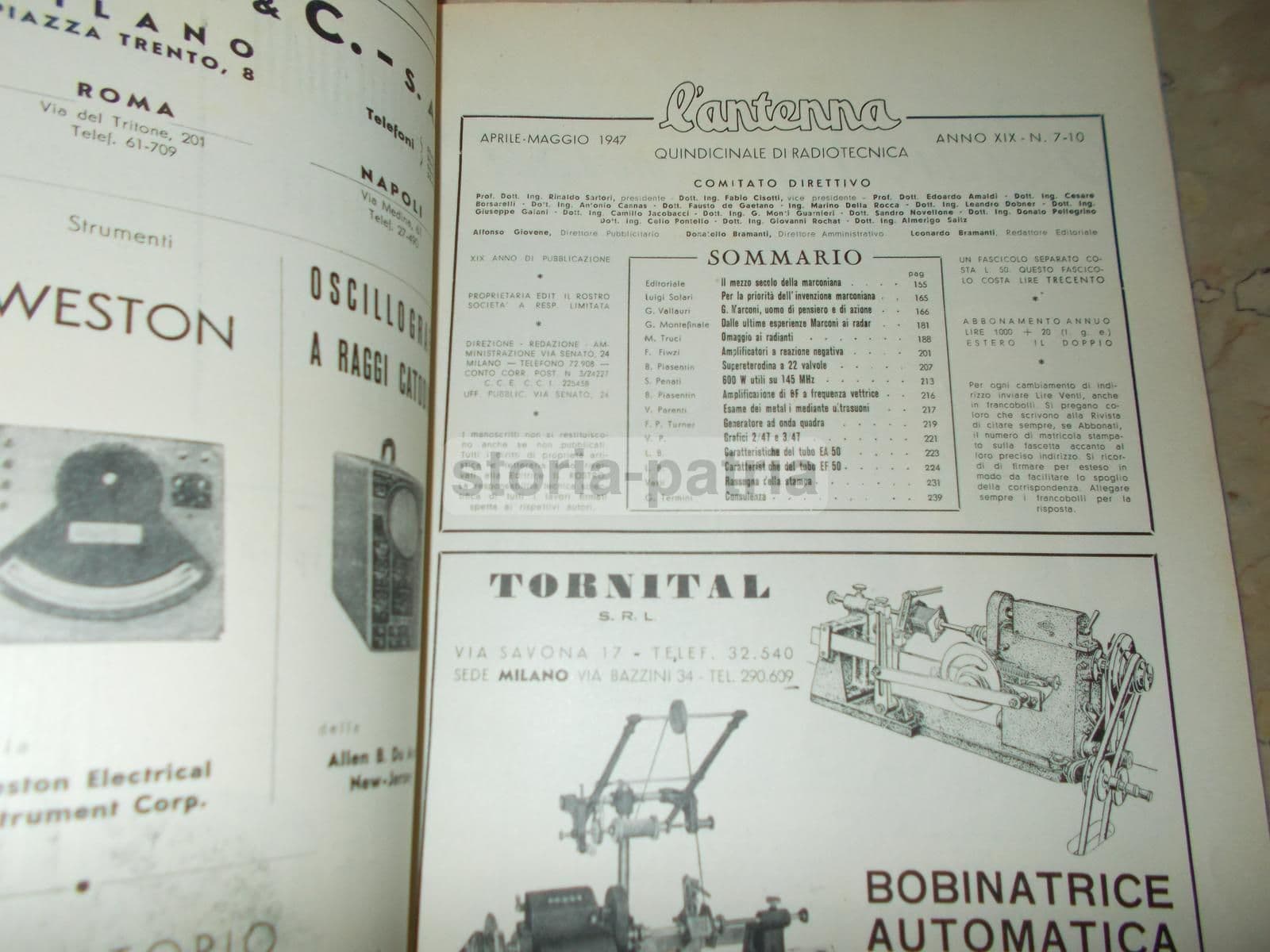 L'Antenna 1947: Cinquantenario Marconi, Radiotecnica E Valvole
