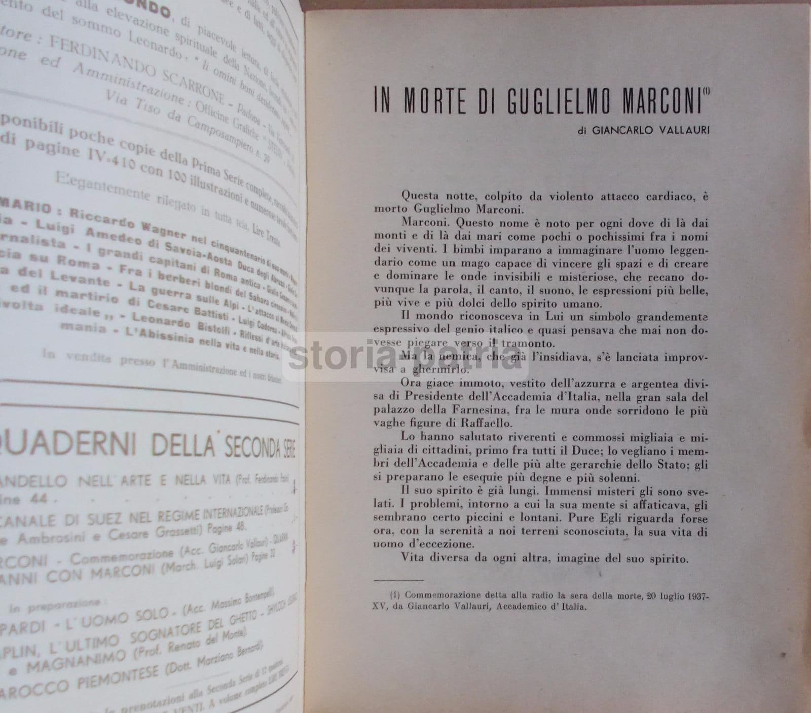 Commemorazione Di Guglielmo Marconi: Vallauri E Solari, 1938