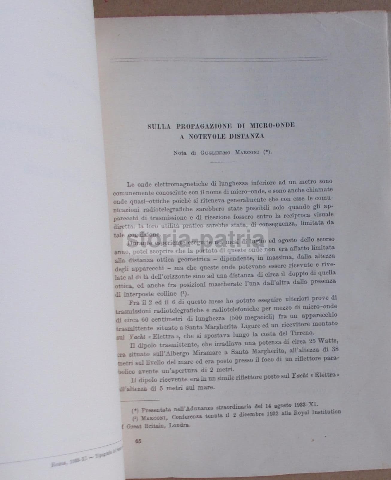 Marconi: Propagazione Micro Onde, 1933. Estratto Della Reale Accademia d'Italia