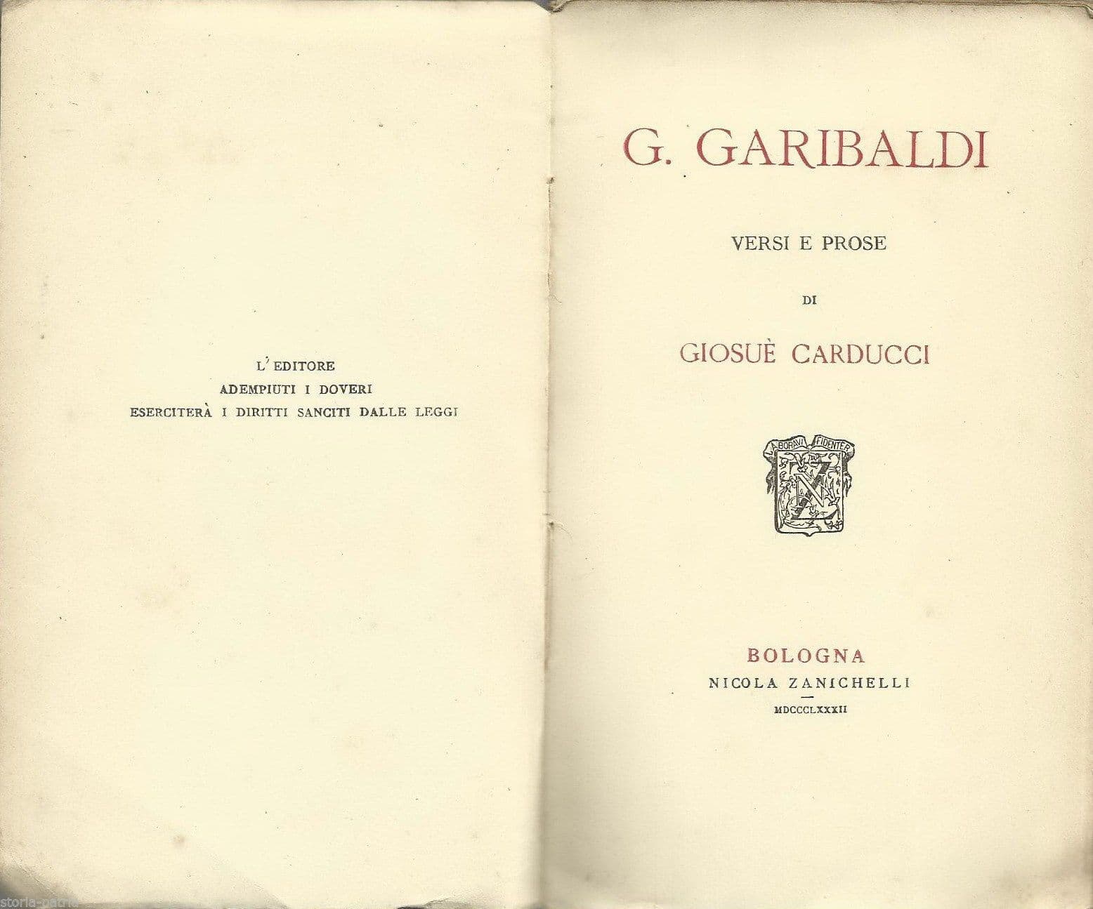 Giosuè Carducci, Versi E Prose Su Giuseppe Garibaldi, Zanichelli 1882