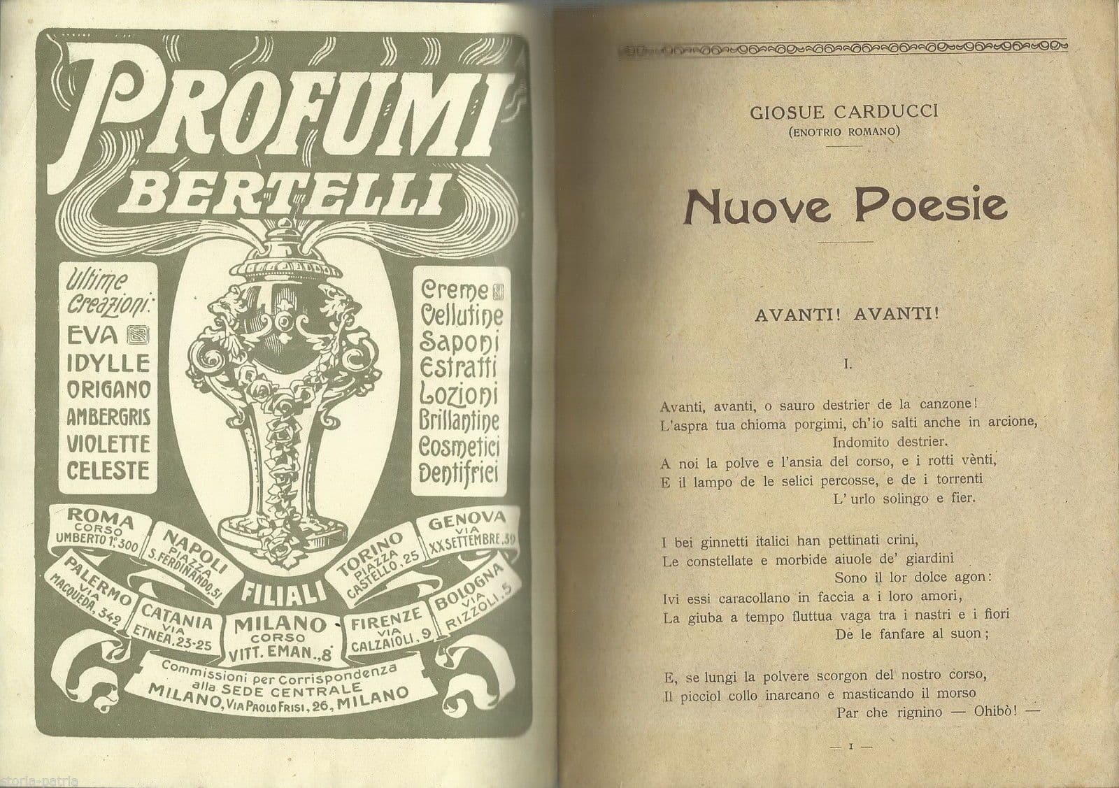 Carducci: Nuove Poesie. Pubblicità Bertelli Profumeria Liberty, 1900