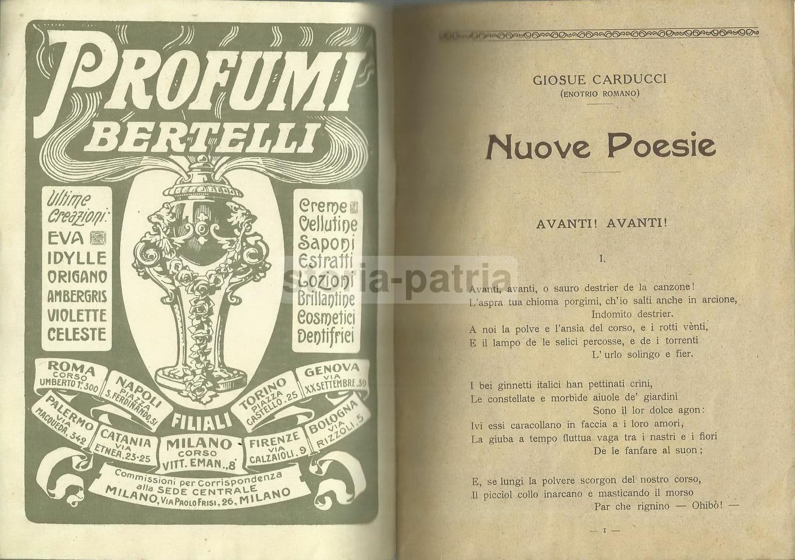 Carducci: Nuove Poesie. Pubblicità Bertelli Profumeria Liberty, 1900