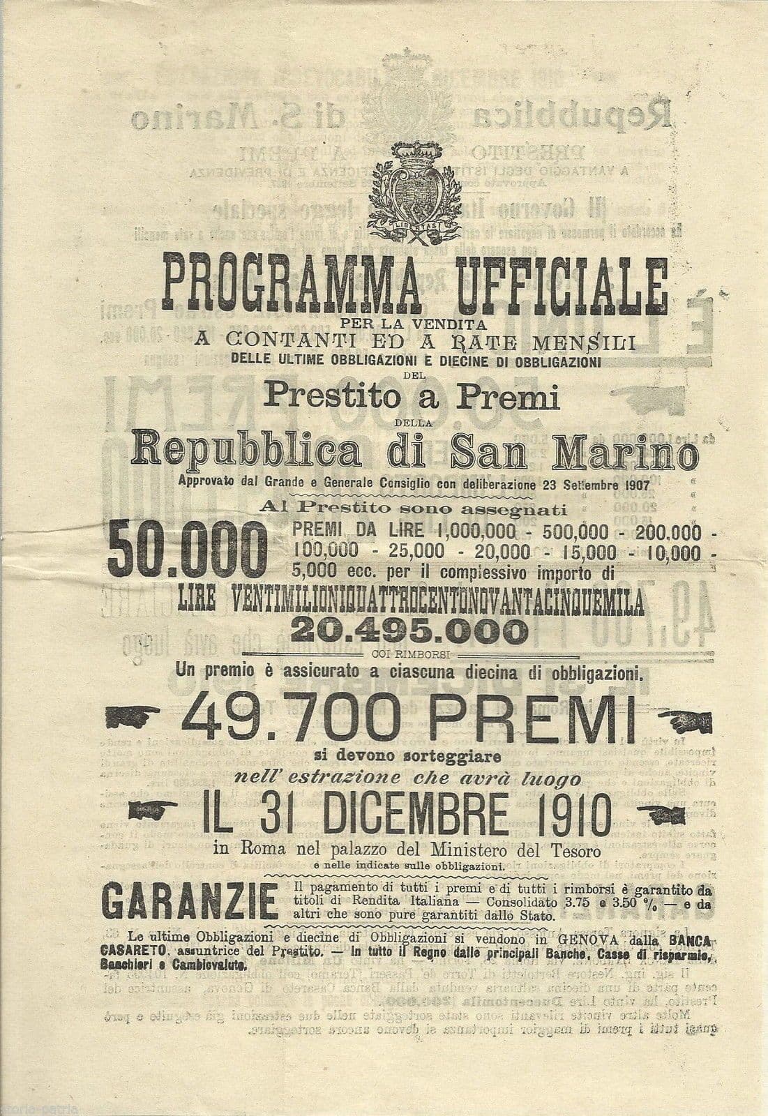 Prestito A Premi Repubblica San Marino 1910 Banca Casareto