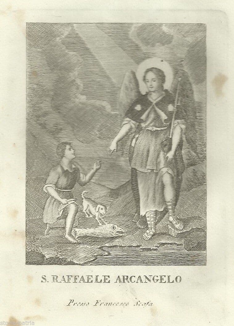 San Raffaele E Tobia, Stampa Antica Napoletana Di Francesco Scafa, XIX Secolo