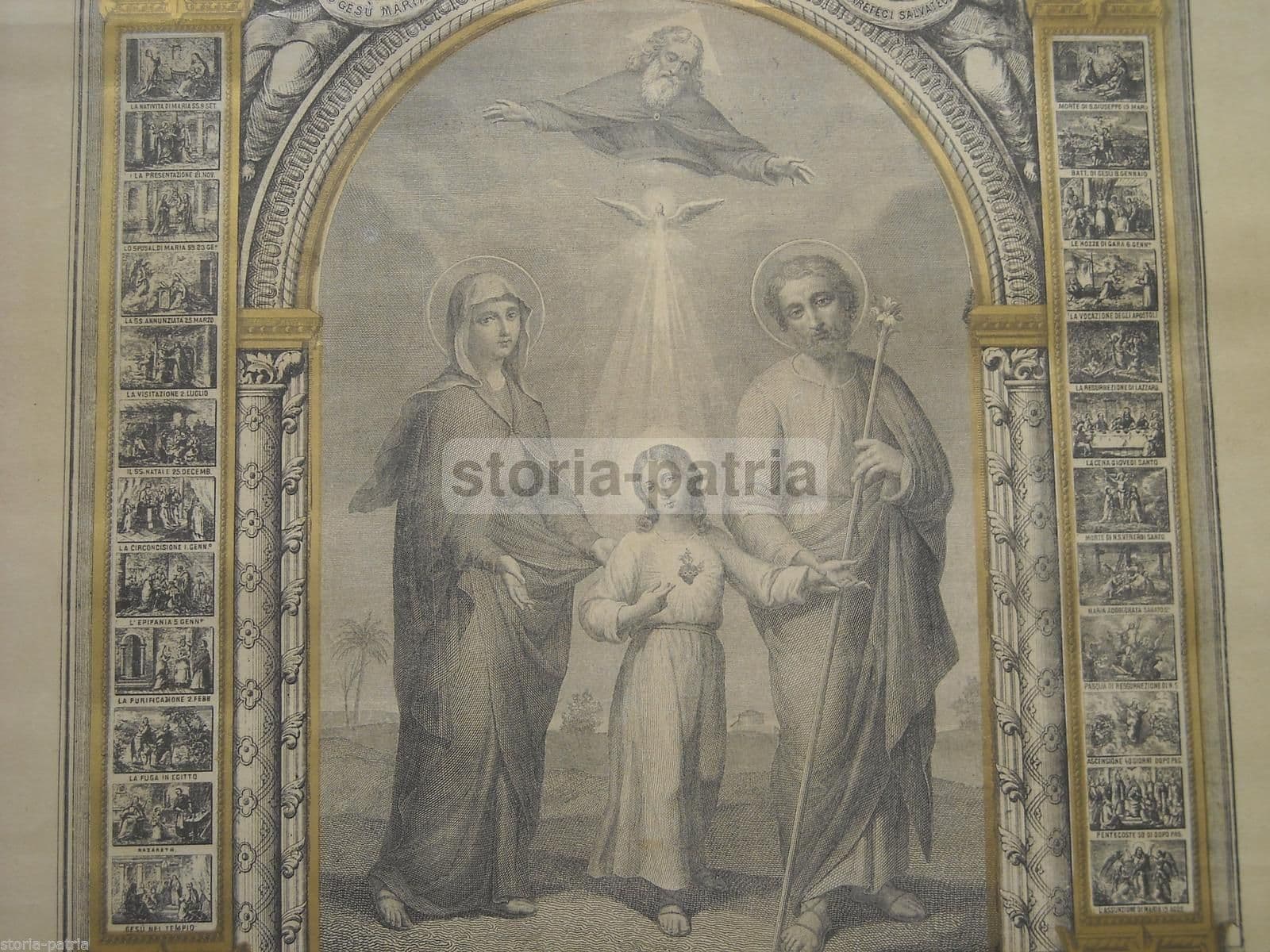 Stampa Devozionale Santa Famiglia Con Vignette Vita Di Gesù, XIX Secolo