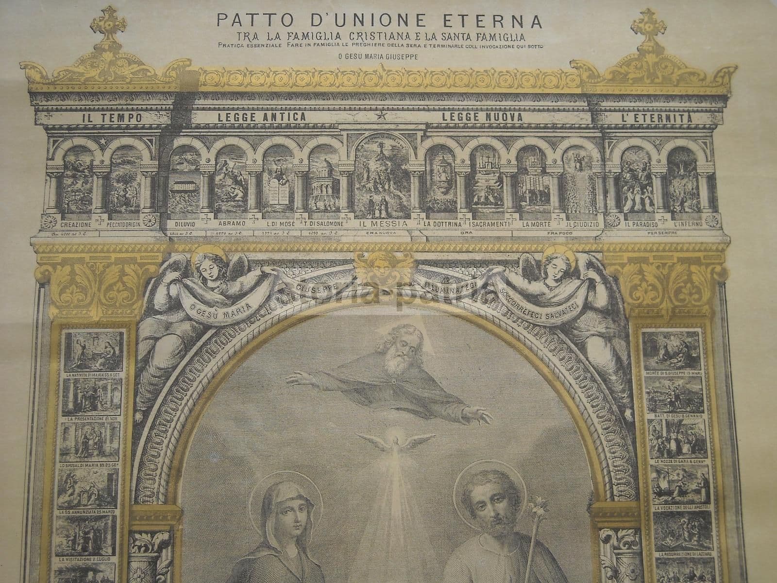 Stampa Devozionale Santa Famiglia Con Vignette Vita Di Gesù, XIX Secolo