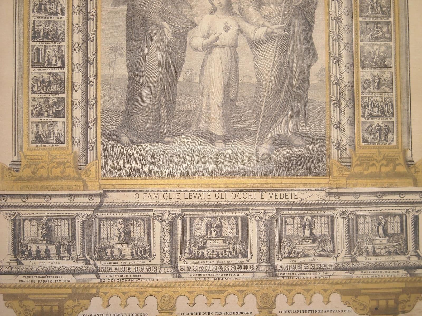 Stampa Devozionale Santa Famiglia Con Vignette Vita Di Gesù, XIX Secolo