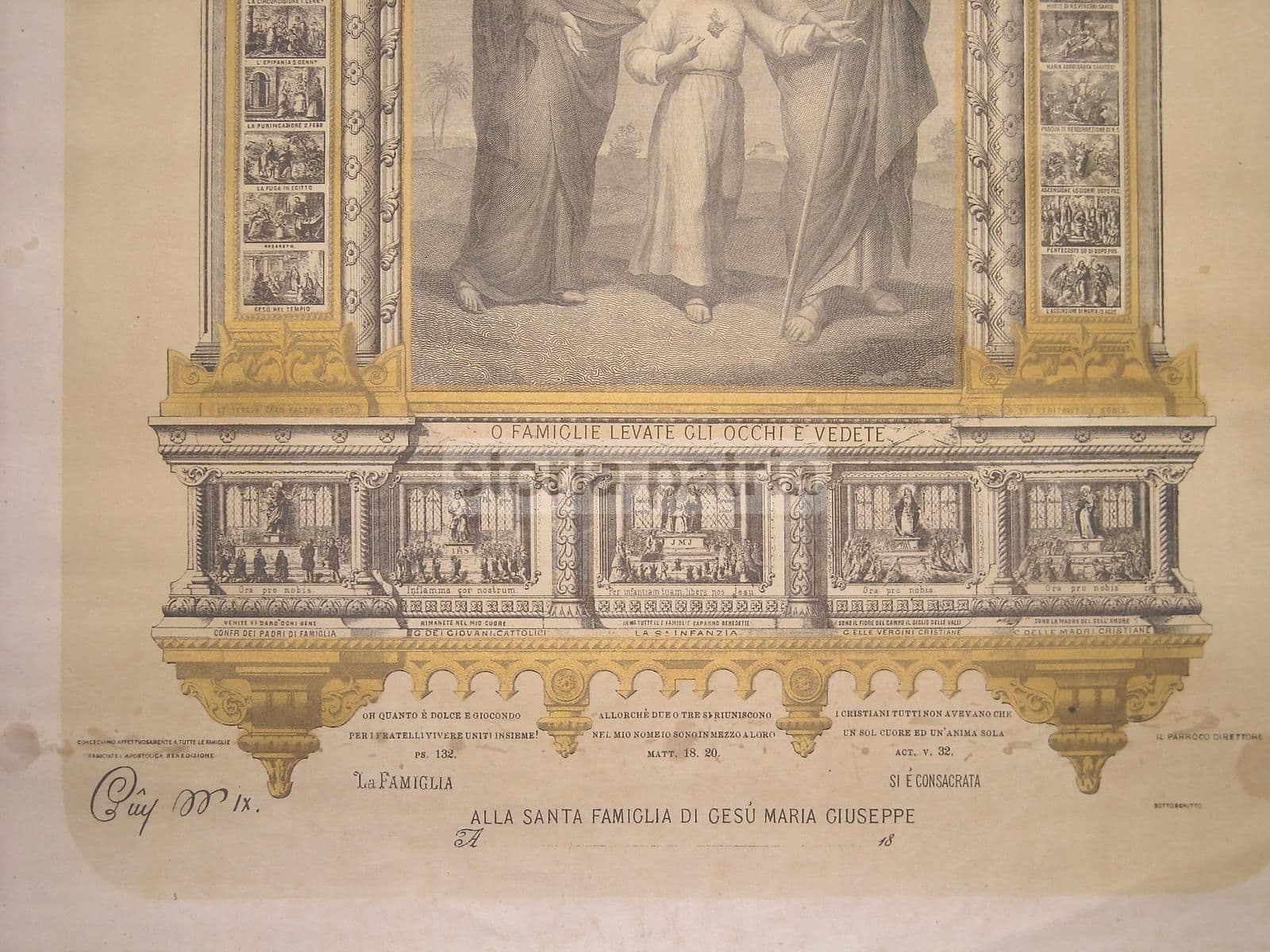 Stampa Devozionale Santa Famiglia Con Vignette Vita Di Gesù, XIX Secolo