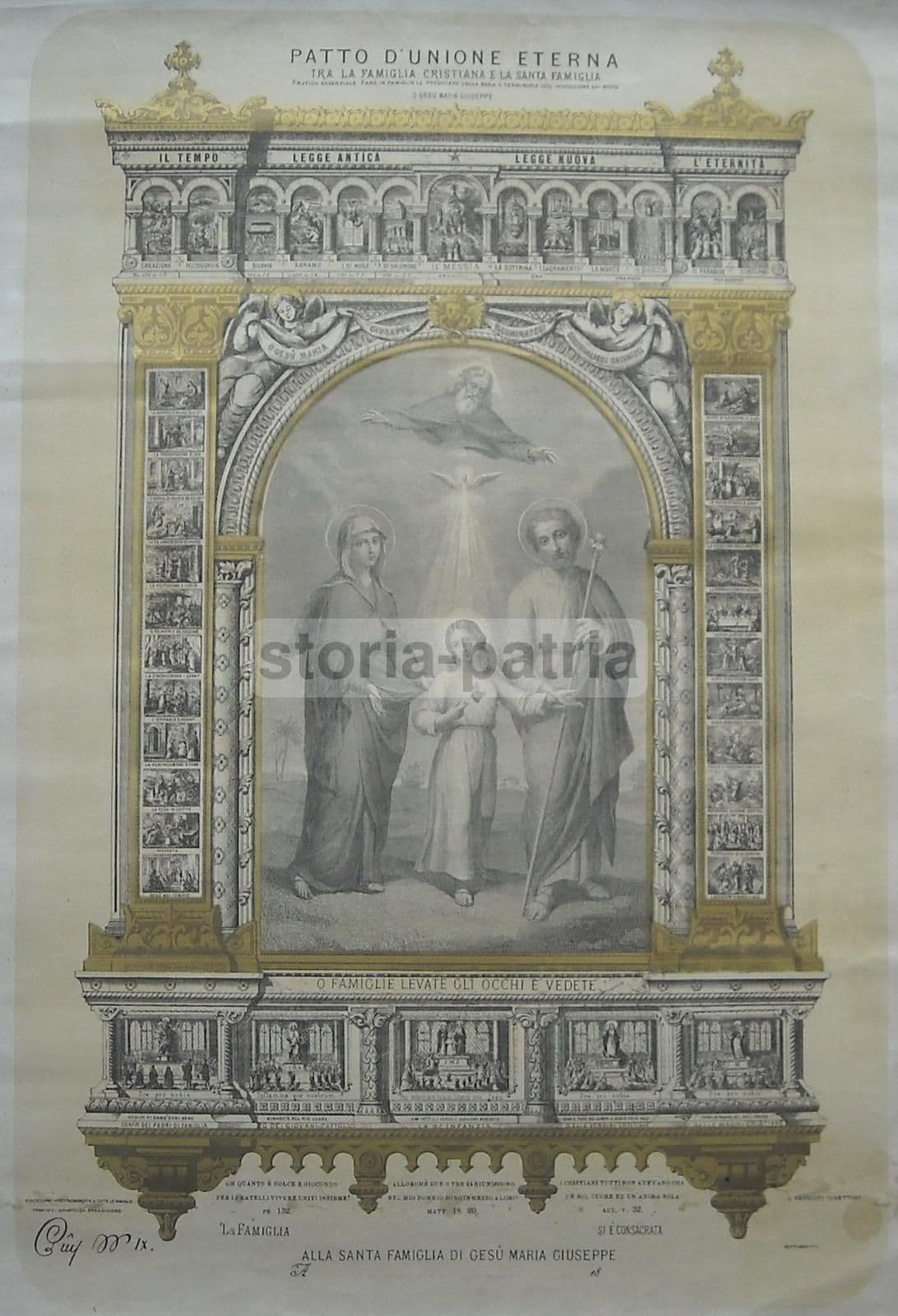 Stampa Devozionale Santa Famiglia Con Vignette Vita Di Gesù, XIX Secolo