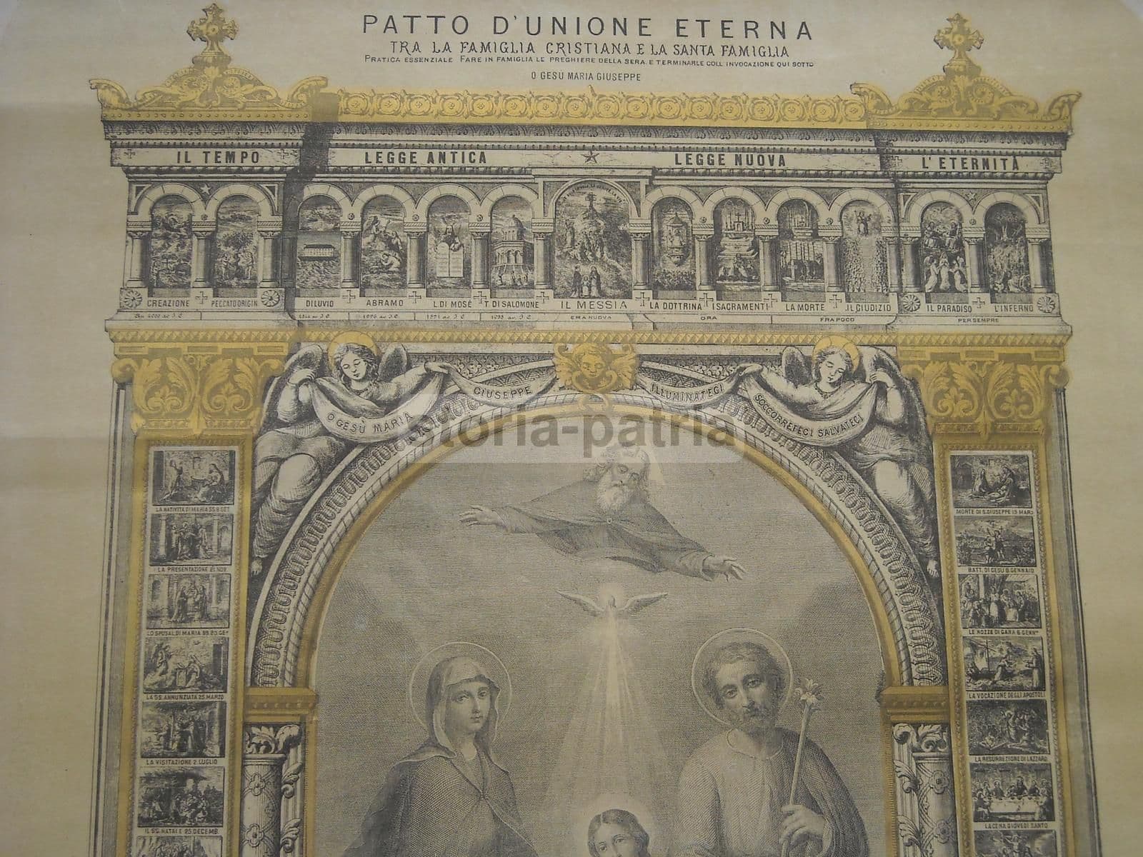 Stampa Devozionale Santa Famiglia Con Vignette Vita Di Gesù, XIX Secolo