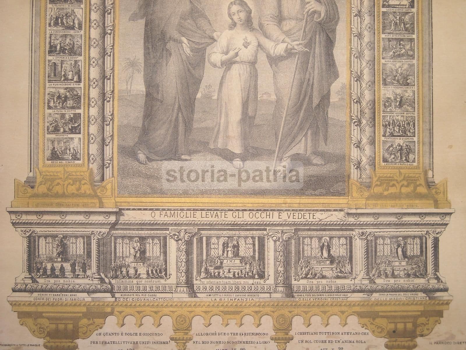Stampa Devozionale Santa Famiglia Con Vignette Vita Di Gesù, XIX Secolo