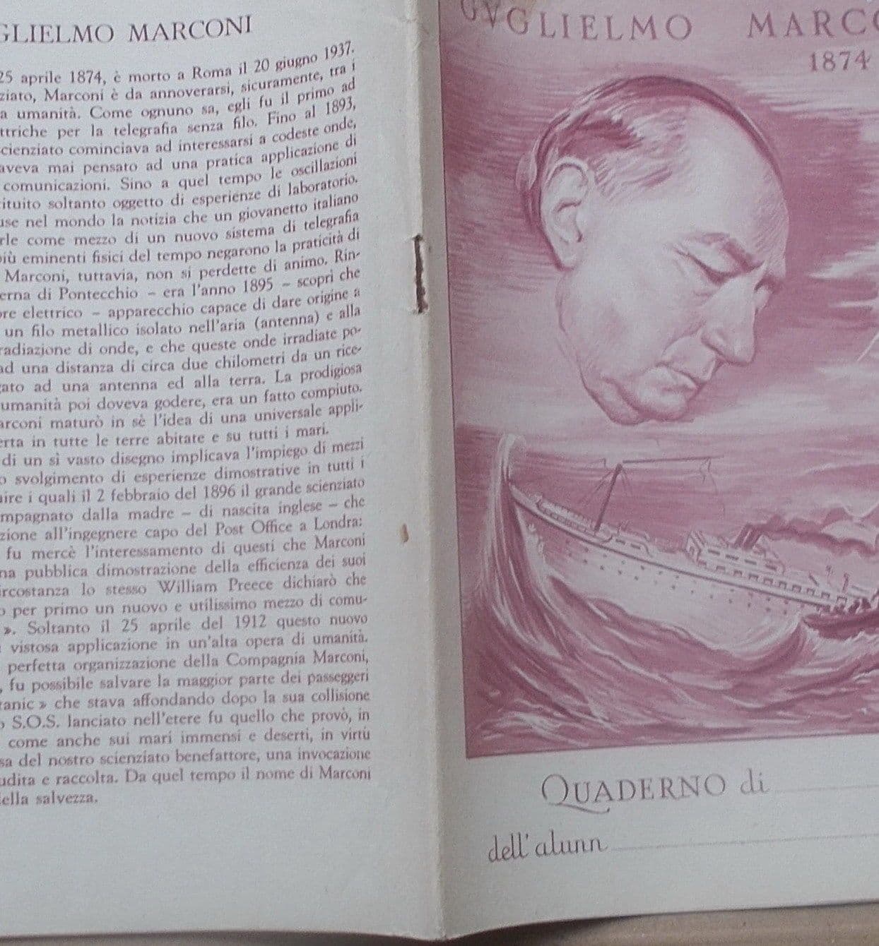 Quaderno Scolastico Guglielmo Marconi, Anni '30, Telegrafia, Romagna