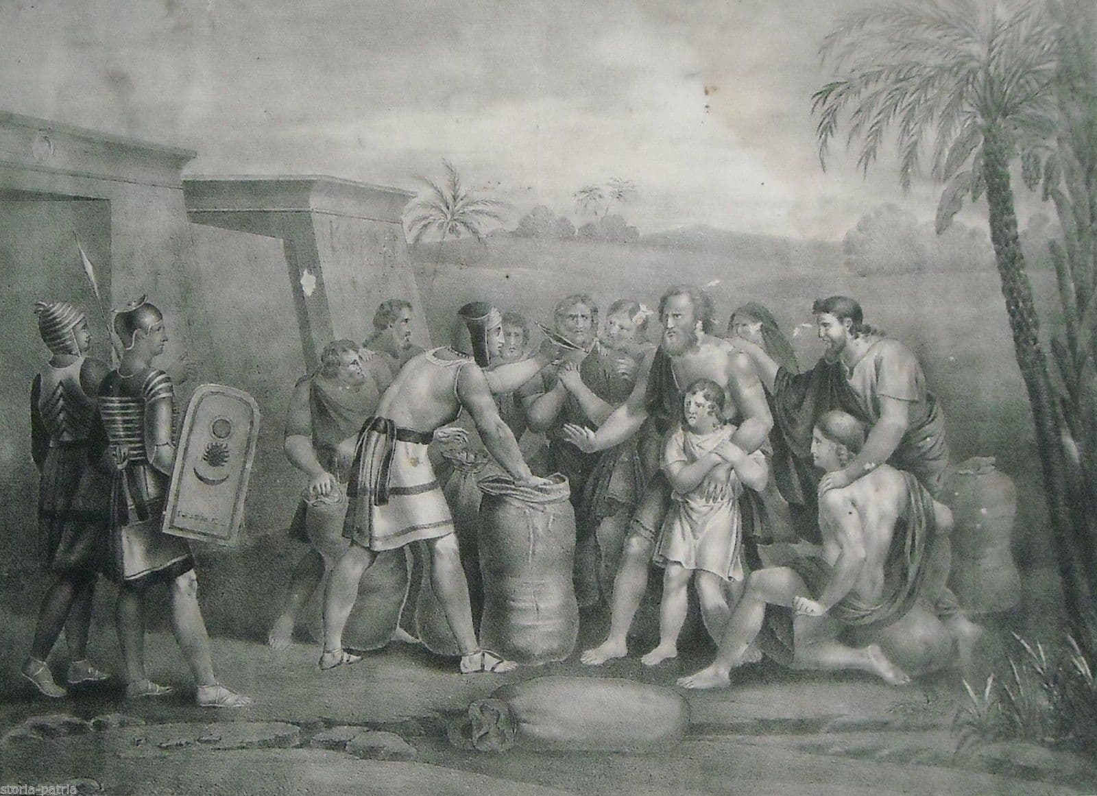 Antica Stampa Litografica Sutera: Scena Biblica In Egitto, XIX Secolo