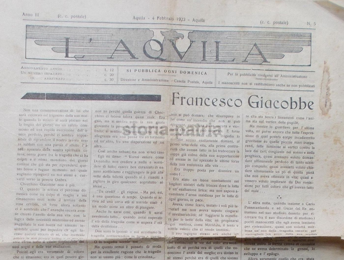 Giornale Aternina L'Aquila, Febbraio 1923, Cronaca Abruzzo