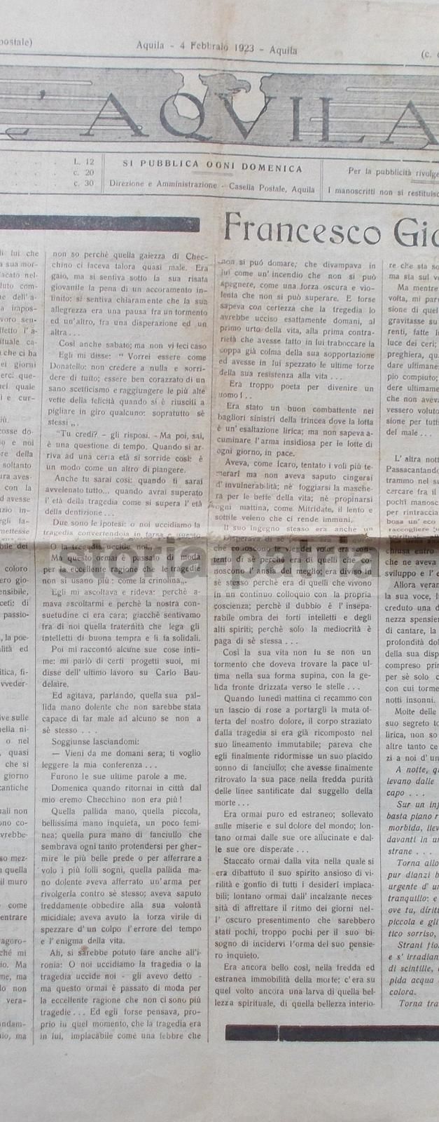 Giornale Aternina L'Aquila, Febbraio 1923, Cronaca Abruzzo
