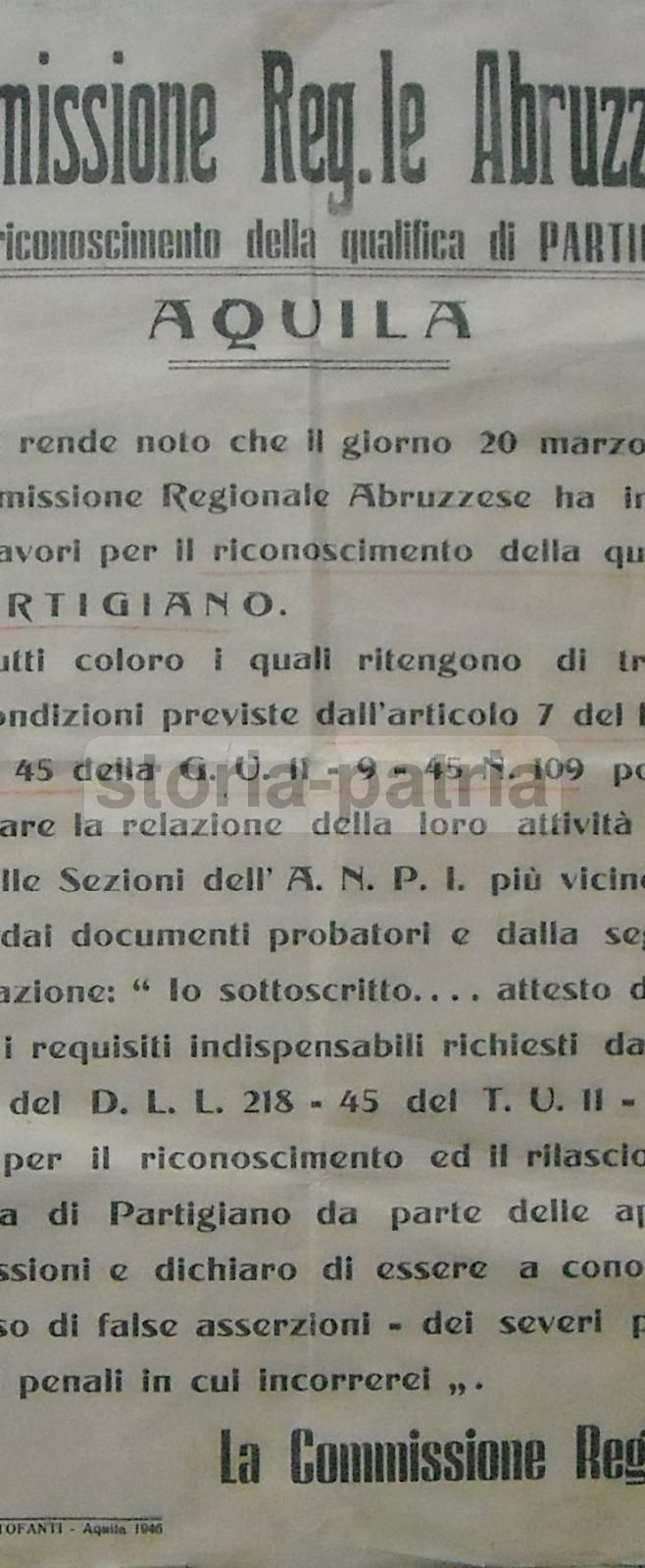 Manifesto Partigiano ANPI L'Aquila Abruzzo 1946 Antifascismo