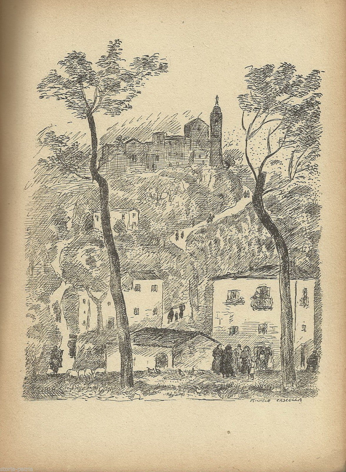 Stampa Michele Cascella: Veduta Di Paese Abruzzese, Anni '40