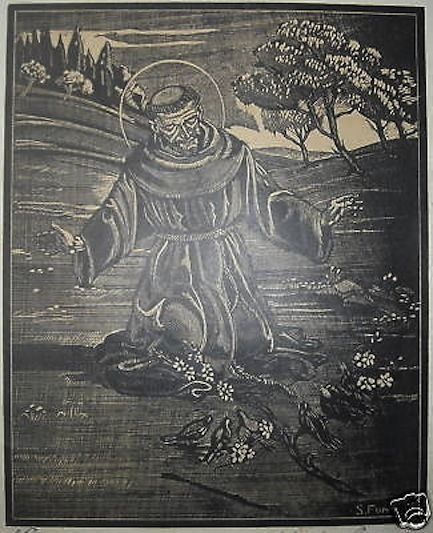 San Francesco Predica Agli Uccelli, Xilografia Di Salvatore Fumo, Anni '30