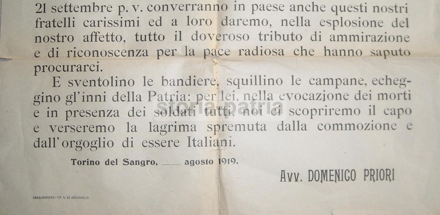Manifesto Lapide Caduti Grande Guerra Torino Di Sangro 1919 Abruzzo