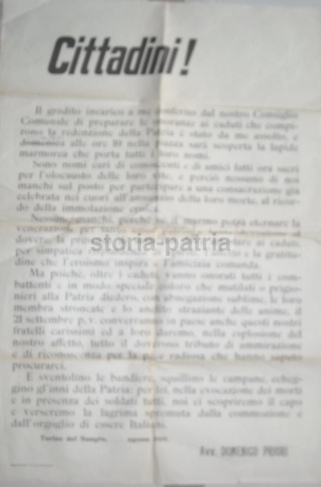 Manifesto Lapide Caduti Grande Guerra Torino Di Sangro 1919 Abruzzo