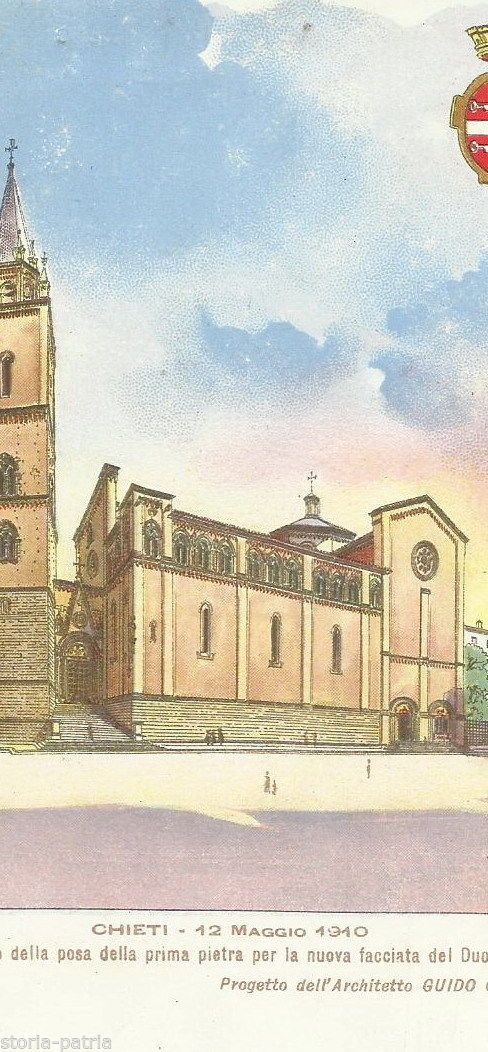 Cartolina Del Duomo Di Chieti, 1910: Posa Della Prima Pietra Per La Nuova Facciata Dell'Architetto Cirilli Con Stemma Araldico