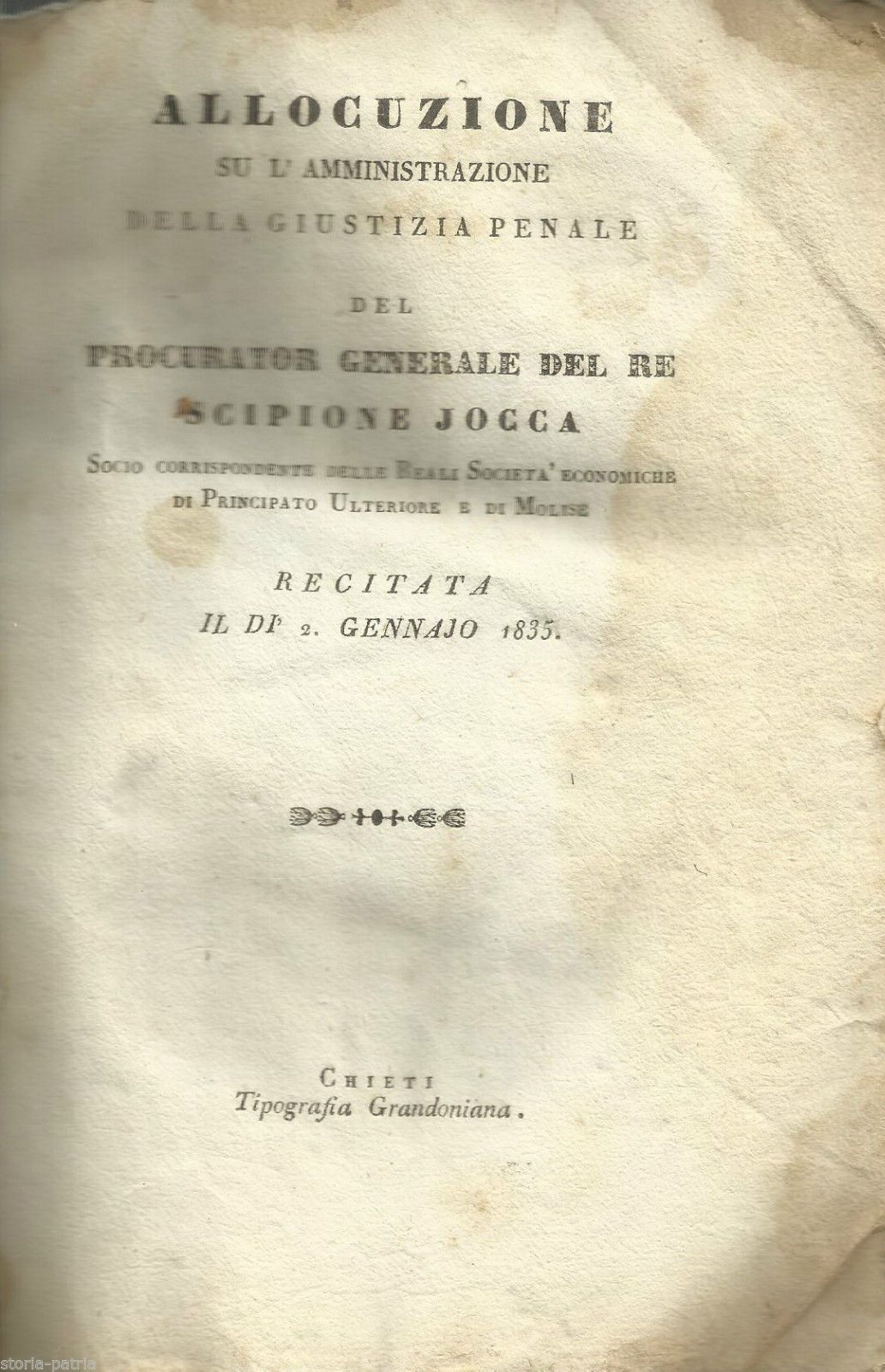 Allocuzione Sull'Amministrazione Della Giustizia Penale, Scipione Jocca, Chieti, 1835