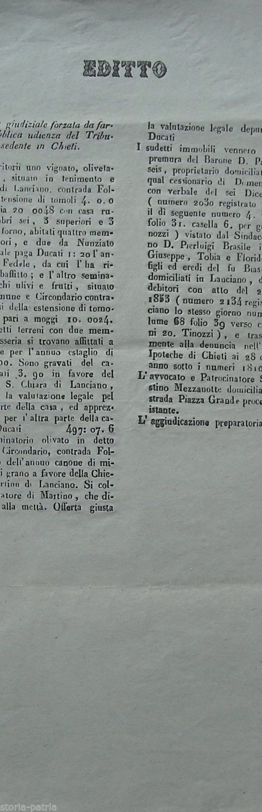 Editto Vendita Giudiziaria Lanciano Scerni Barone De Riseis, XIX Secolo
