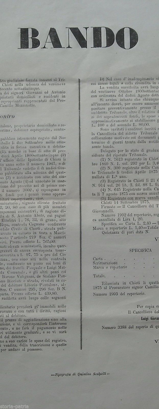 Bando Per Asta Giudiziaria A Chieti (1875)   Vendita Forzata De Giorgio E Pantaleone