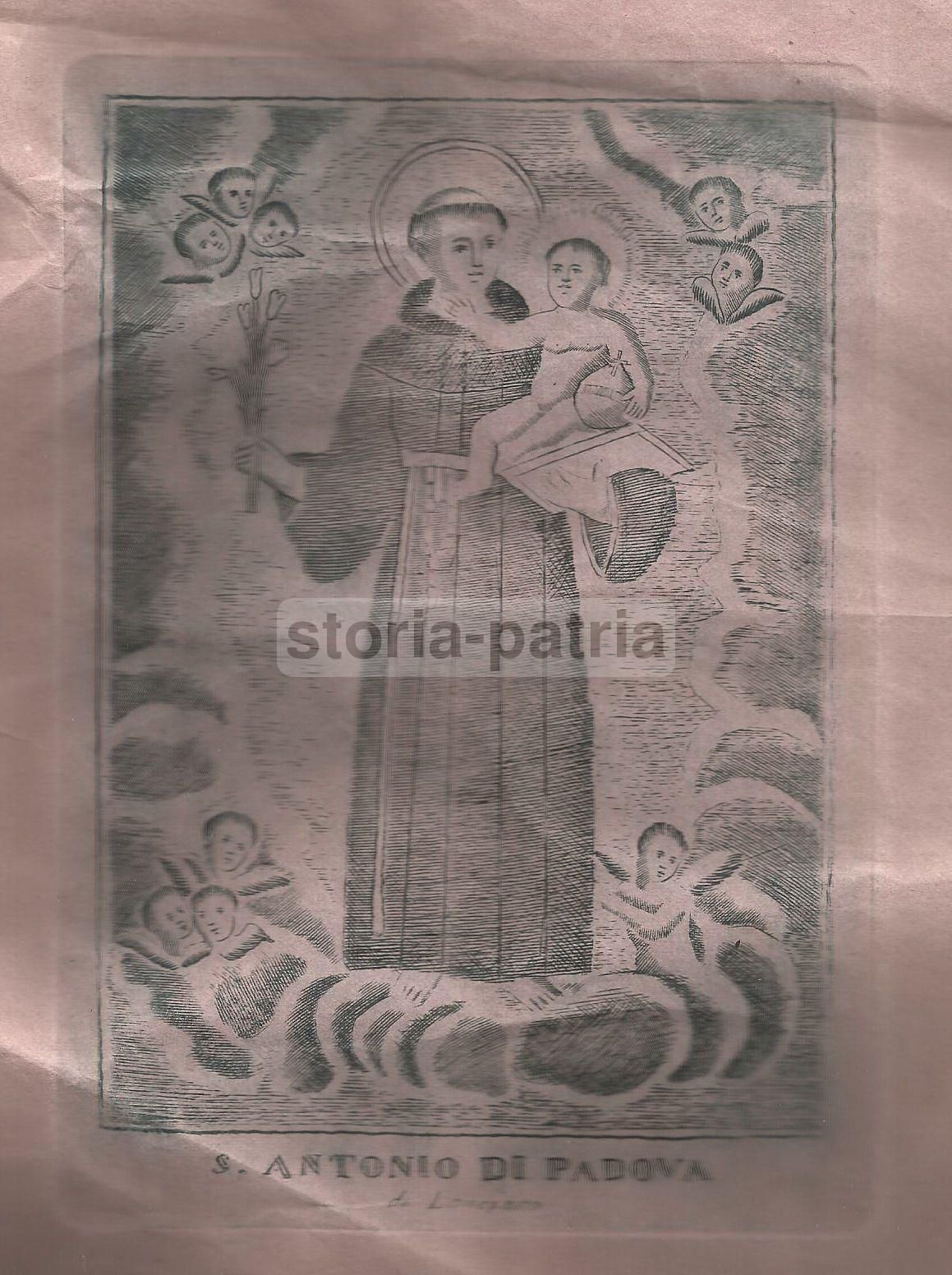 Sant'Antonio Di Padova Di Lanciano: Antica Incisione Su Carta Rosata