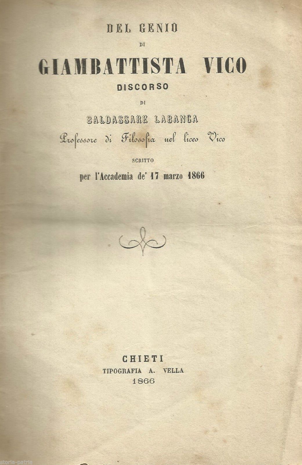 Baldassarre Labanca: Del Genio Di Giambattista Vico. Edizione 1866, Chieti.